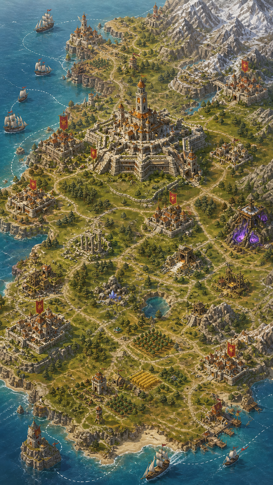 Mapa imperial con rutas, fortalezas y recursos